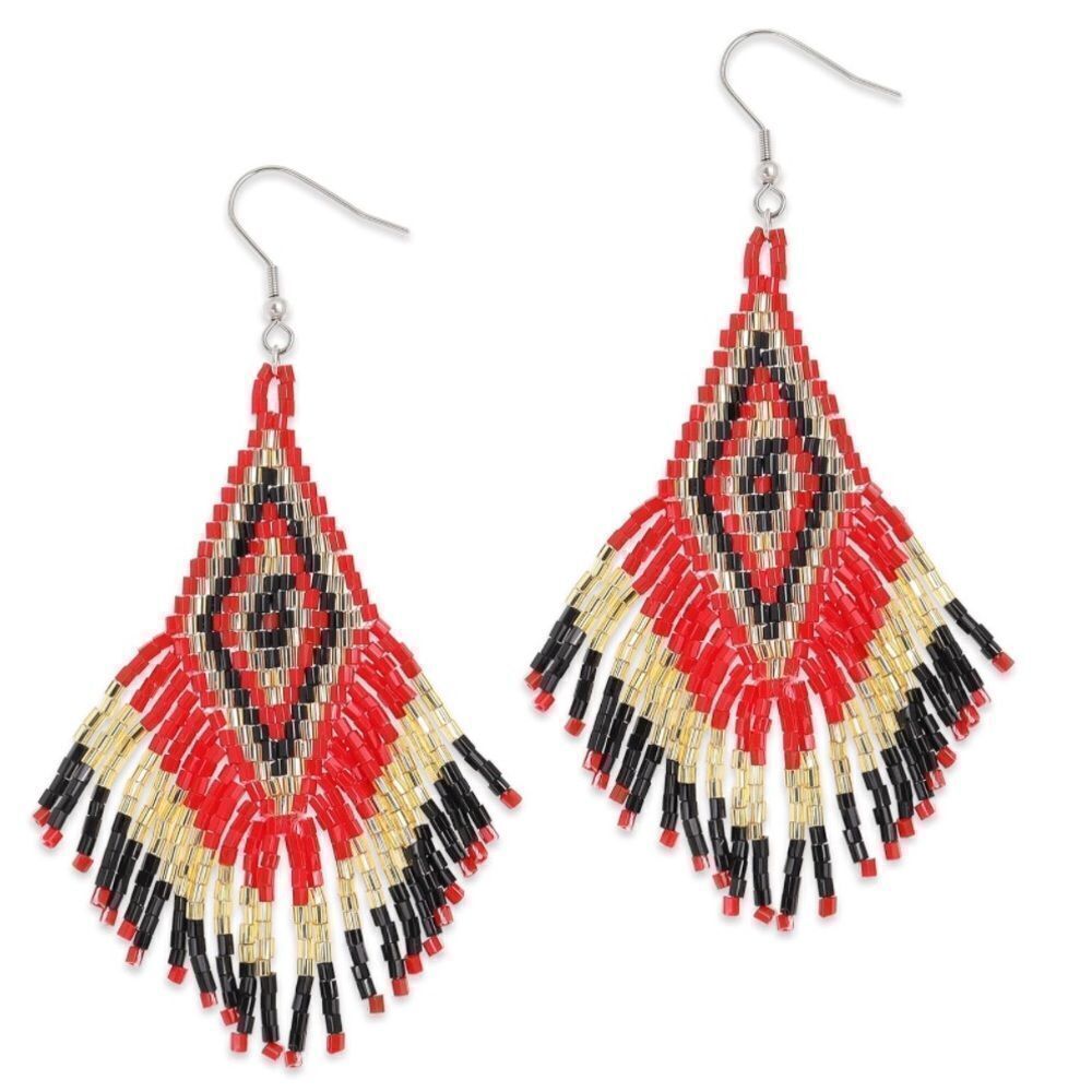 Southwestern Boho Seed Bead Tassel Dangling Statement French Wire Hook Earrings